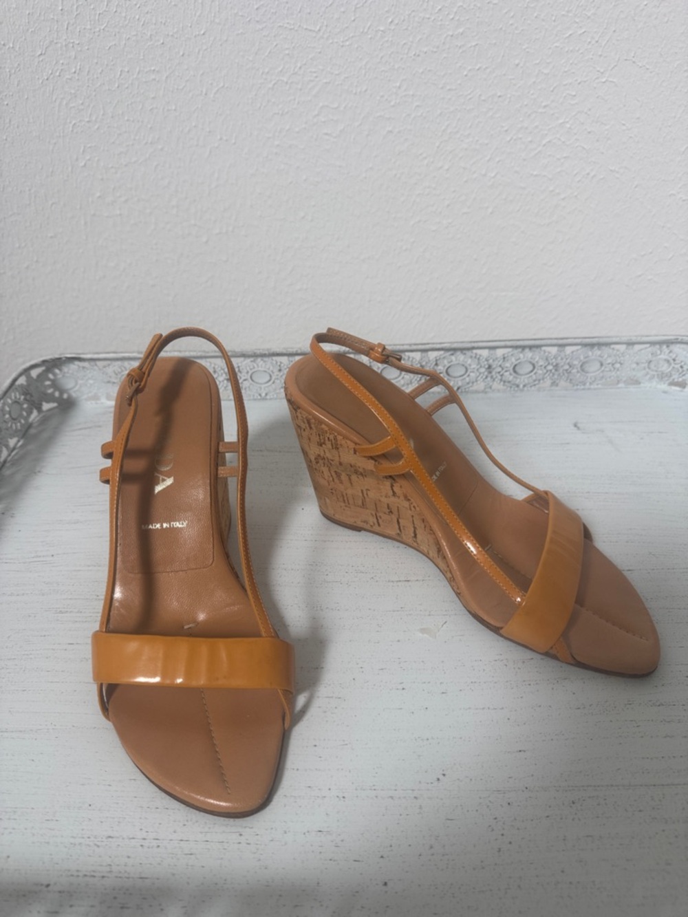 Vintage 🌟Prada Tan Patent Leather Cork Wedge Sandals